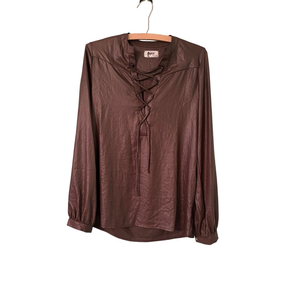 NIGHTCAP By Carisa Rene Size 1 Brown French Polyester Long Sleeve Lace Up Top
